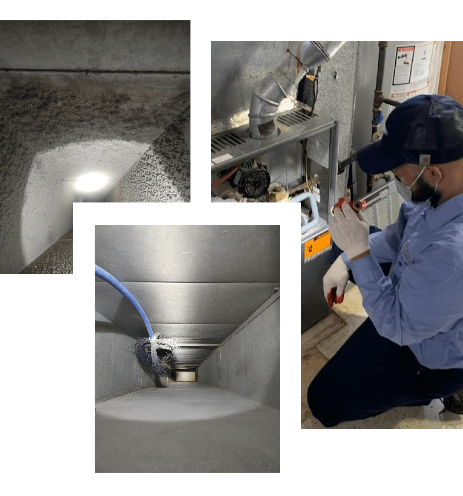 Image of an air duct that has not been cleaned and an air duct that has been cleaned as well as a HVAC technician looking at HVAC system.